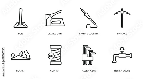 construction and tools outline icons set. thin line icons such as soil, staple gun, iron soldering, pickaxe, planer, copper, allen keys, relief valve vector.