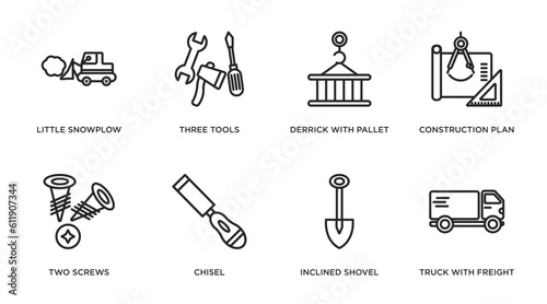 construction outline icons set. thin line icons such as little snowplow, three tools, derrick with pallet, construction plan, two screws, chisel, inclined shovel, truck with freight vector.
