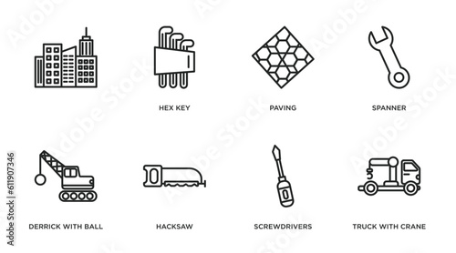 construction outline icons set. thin line icons such as , hex key, paving, spanner, derrick with ball, hacksaw, screwdrivers, truck with crane vector.