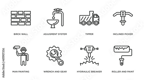 construction outline icons set. thin line icons such as birck wall, adjusment system, tipper, inclined picker, man painting, wrench and gear, hydraulic breaker, roller and paint vector.