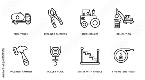construction outline icons set. thin line icons such as fuel truck, inclined clippers, steamroller, demolition, inclined hammer, pulley hook, stairs with handle, five meters ruler vector.