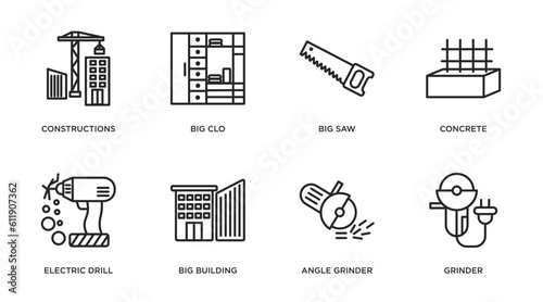 construction outline icons set. thin line icons such as constructions, big clo, big saw, concrete, electric drill, big building, angle grinder, grinder vector.