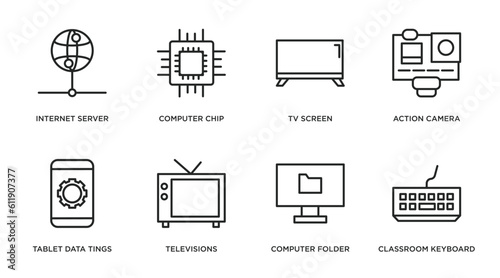 computer outline icons set. thin line icons such as internet server, computer chip, tv screen, action camera, tablet data tings, televisions, computer folder, classroom keyboard vector.
