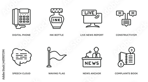 communications outline icons set. thin line icons such as digital phone, ink bottle, live news report, constructivism, speech cloud, waving flag, news anchor, complaints book vector.
