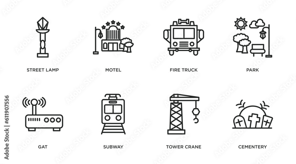 city elements outline icons set. thin line icons such as street lamp, motel, fire truck, park, gat, subway, tower crane, cementery vector.