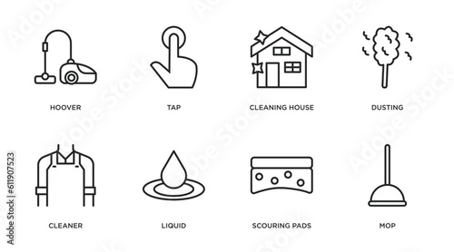 cleaning outline icons set. thin line icons such as hoover, tap, cleaning house, dusting, cleaner, liquid, scouring pads, mop vector.