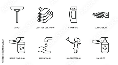 cleaning outline icons set. thin line icons such as wiper, clothes cleaning, shampoo, suspension, hand washing, hand wash, housekeeping, sanitize vector.
