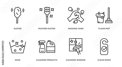 cleaning outline icons set. thin line icons such as duster, feather duster, washing hand, floor mop, soak, cleaning products, cleaning window, clean room vector.
