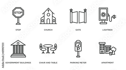 city elements outline icons set. thin line icons such as stop, church, gate, lightbox, government buildings, chair and table, parking meter, apartment vector.