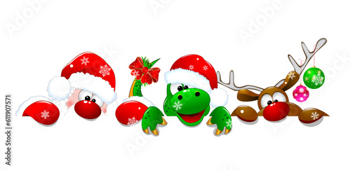 Santa Claus, dinosaur, and reindeer. Santa Claus, deer, and rabbit on a white background. The characters are dressed in Santa hats and decorated with Christmas decorations.