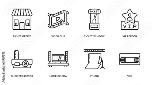cinema outline icons set. thin line icons such as ticket office, video clip, ticket window, vip person, slide projector, home cinema, studio, vhs vector.