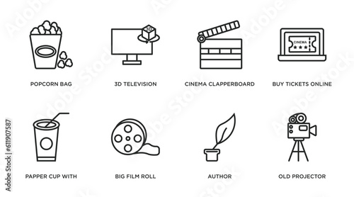 cinema outline icons set. thin line icons such as popcorn bag, 3d television, cinema clapperboard, buy tickets online, papper cup with straw, big film roll, author, old projector vector.