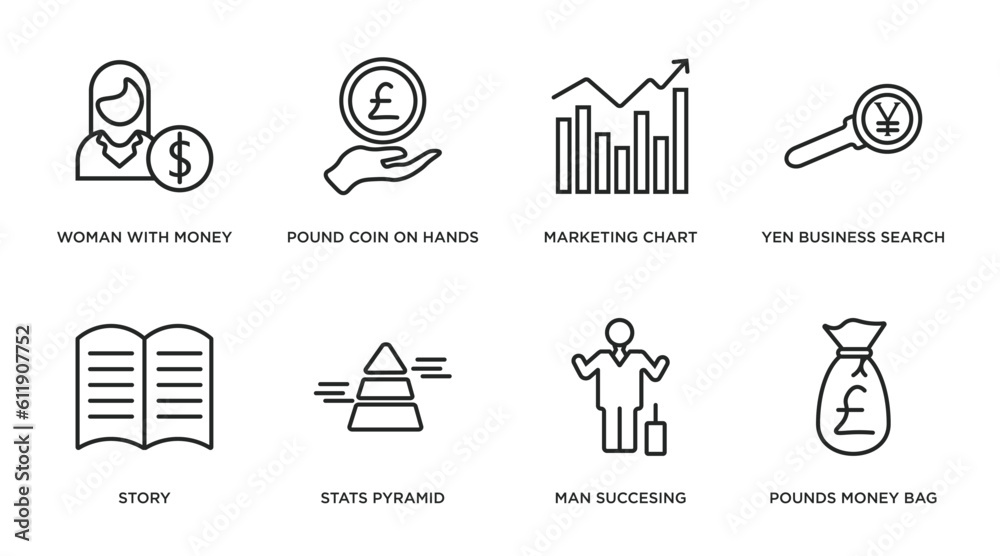 business outline icons set. thin line icons such as woman with money, pound coin on hands, marketing chart, yen business search, story, stats pyramid, man succesing, pounds money bag vector. business outline icons set. thin line icons such as woman with money, pound coin on hands, marketing chart, yen business search, story, stats pyramid, man succesing, pounds money bag vector.