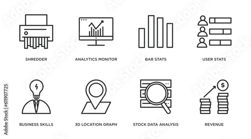 business and analytics outline icons set. thin line icons such as shredder, analytics monitor, bar stats, user stats, business skills, 3d location graph, stock data analysis, revenue vector.