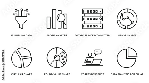 business and analytics outline icons set. thin line icons such as funneling data, profit analysis, database interconnected, merge charts, circular chart, round value chart, correspondence, data