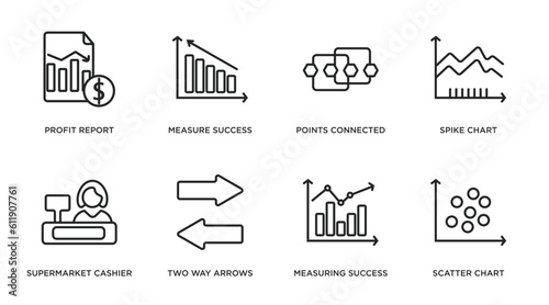 business outline icons set. thin line icons such as profit report, measure success, points connected chart, spike chart, supermarket cashier, two way arrows, measuring success, scatter chart vector.