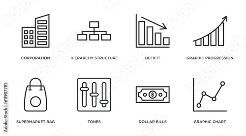 business outline icons set. thin line icons such as corporation, hierarchy structure, deficit, graphic progression, supermarket bag, tones, dollar bills, graphic chart vector.