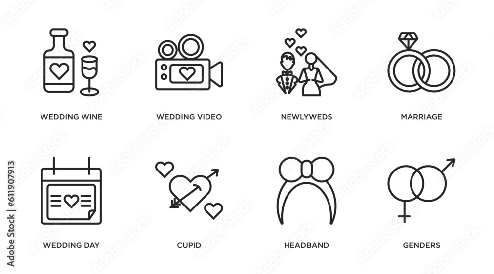 birthday and party outline icons set. thin line icons such as wedding wine, wedding video, newlyweds, marriage, wedding day, cupid, headband, genders vector.
