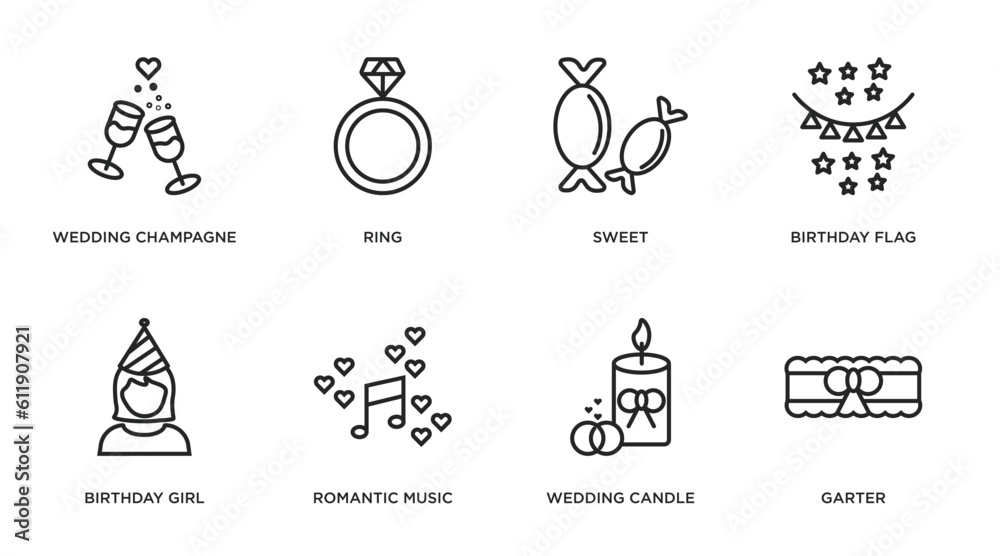 birthday and party outline icons set. thin line icons such as wedding champagne, ring, sweet, birthday flag, birthday girl, romantic music, wedding candle, garter vector.