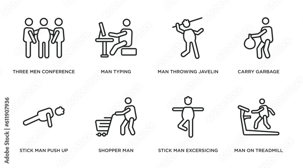 behavior outline icons set. thin line icons such as three men conference, man typing, man throwing javelin, carry garbage, stick man push up, shopper stick excersicing, on treadmill vector.