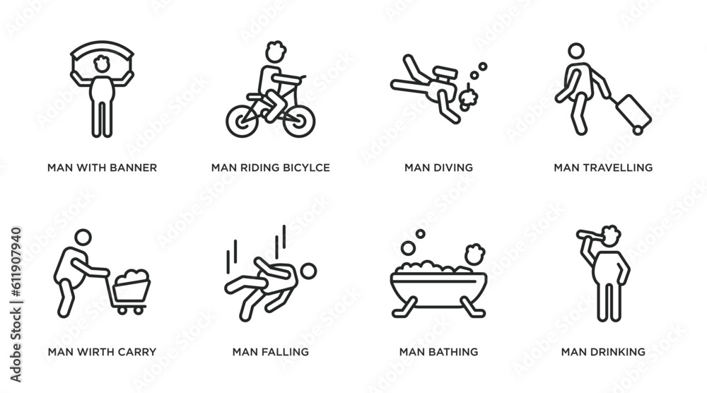 behavior outline icons set. thin line icons such as man with banner, man riding bicylce, man diving, travelling, wirth carry, falling, bathing, drinking vector.