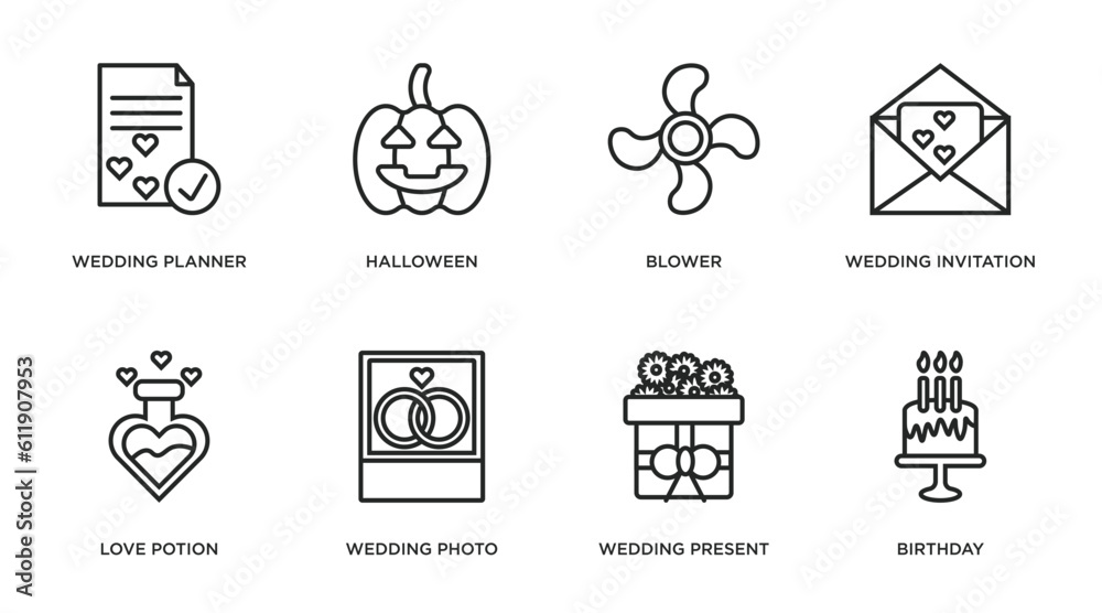 birthday and party outline icons set. thin line icons such as wedding planner, halloween, blower, wedding invitation, love potion, wedding photo, present, birthday vector.