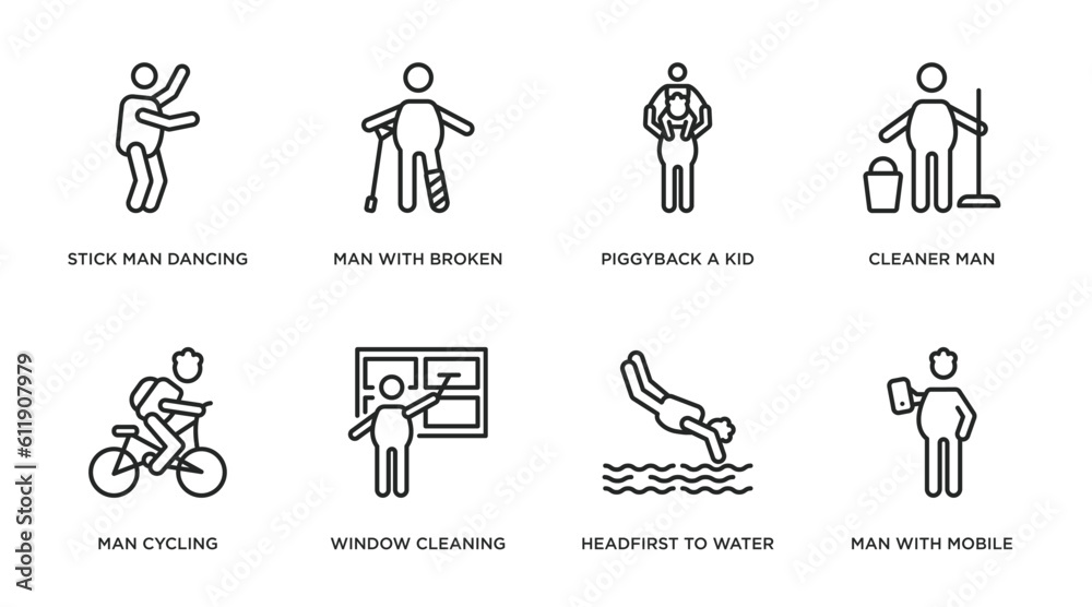 behavior outline icons set. thin line icons such as stick man dancing, man with broken leg, piggyback a kid, cleaner man, cycling, window cleaning, headfirst to water, with mobile phone vector. behavior outline icons set. thin line icons such as stick man dancing, man with broken leg, piggyback a kid, cleaner man, cycling, window cleaning, headfirst to water, with mobile phone vector.