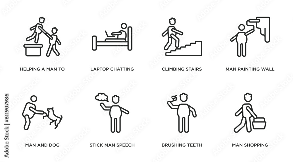 behavior outline icons set. thin line icons such as helping a man to climb, laptop chatting on bed, climbing stairs, man painting wall, man and dog, stick speech, brushing teeth, shopping vector.