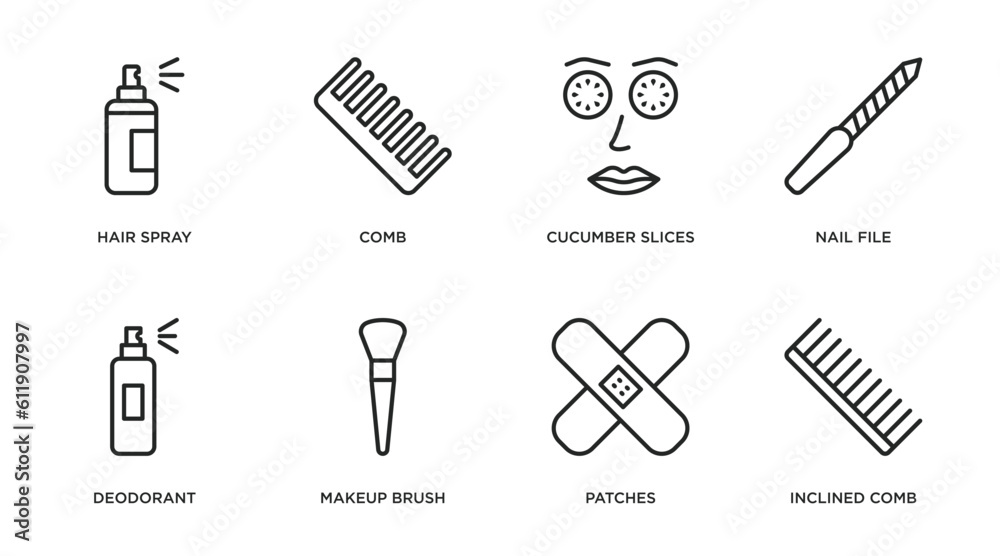 beauty outline icons set. thin line icons such as hair spray, comb, cucumber slices on face, nail file, deodorant, makeup brush, patches, inclined comb vector. beauty outline icons set. thin line icons such as hair spray, comb, cucumber slices on face, nail file, deodorant, makeup brush, patches, inclined comb vector.