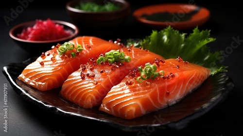 Fresh and delicious salmon sushi，AI generated