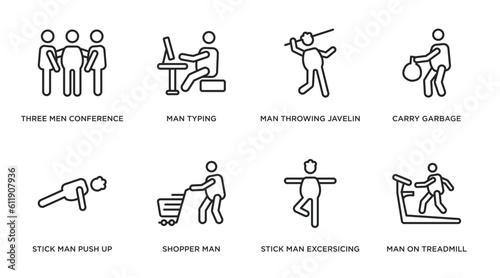 behavior outline icons set. thin line icons such as three men conference, man typing, man throwing javelin, carry garbage, stick man push up, shopper stick excersicing, on treadmill vector.