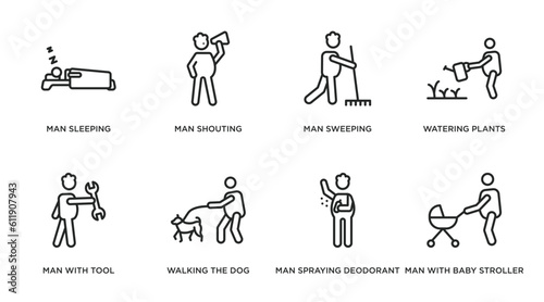 behavior outline icons set. thin line icons such as man sleeping, man shouting, man sweeping, watering plants, with tool, walking the dog, spraying deodorant, with baby stroller vector.