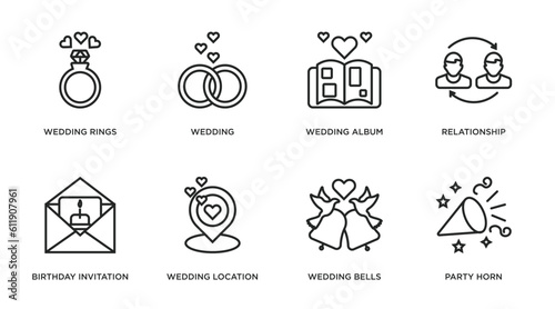 birthday and party outline icons set. thin line icons such as wedding rings, wedding, wedding album, relationship, birthday invitation, location, bells, party horn vector.