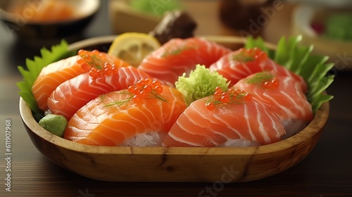 Fresh and delicious salmon sushi，AI generated