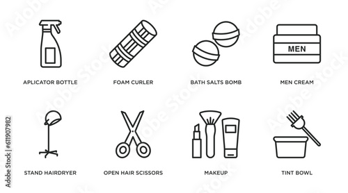 beauty outline icons set. thin line icons such as aplicator bottle, foam curler, bath salts bomb, men cream, stand hairdryer, open hair scissors, makeup, tint bowl vector.