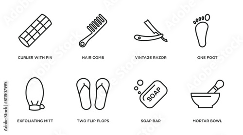 beauty outline icons set. thin line icons such as curler with pin, hair comb, vintage razor, one foot, exfoliating mitt, two flip flops, soap bar, mortar bowl vector.