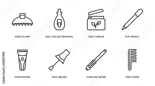 beauty outline icons set. thin line icons such as hair clamp, nail polish removal, feet cream, eye pencil, hair razor, nail brush, curling wand, one comb vector.