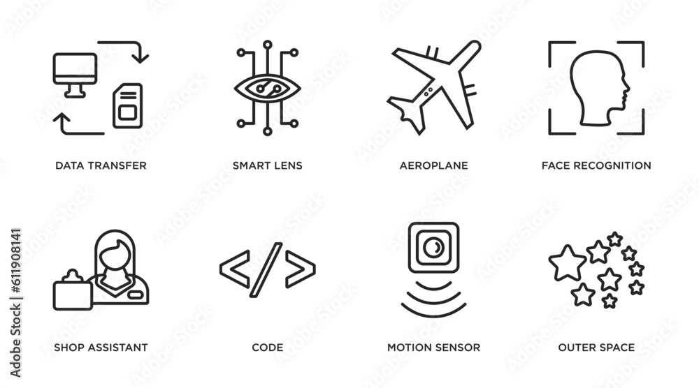 artificial intellegence outline icons set. thin line icons such as data transfer, smart lens, aeroplane, face recognition, shop assistant, code, motion sensor, outer space vector.