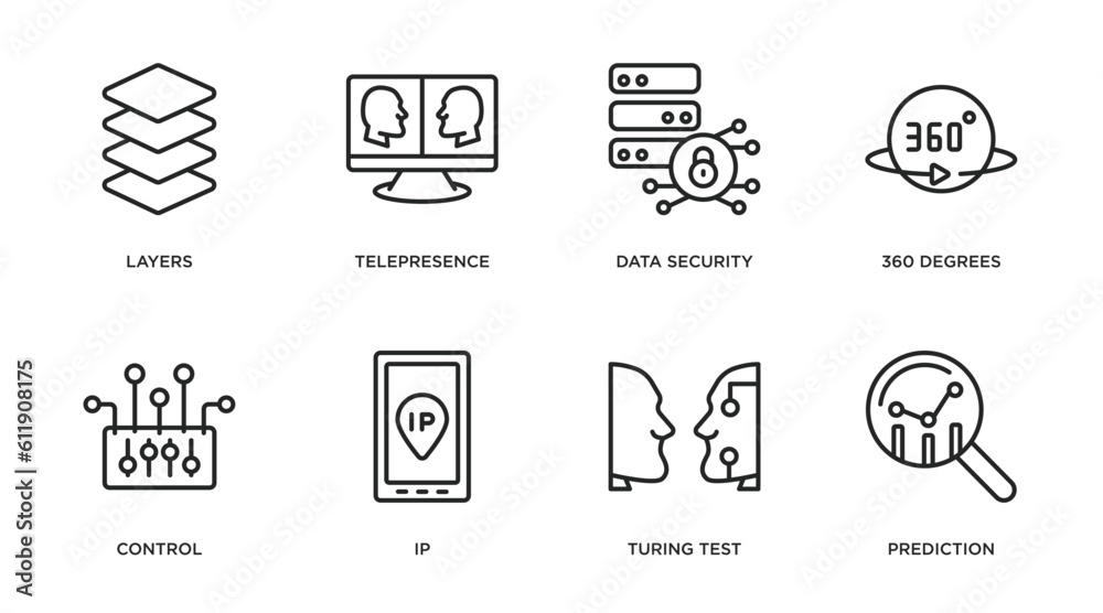 artificial intelligence outline icons set. thin line icons such as layers, telepresence, data security, 360 degrees, control, ip, turing test, prediction vector. artificial intelligence outline icons set. thin line icons such as layers, telepresence, data security, 360 degrees, control, ip, turing test, prediction vector.