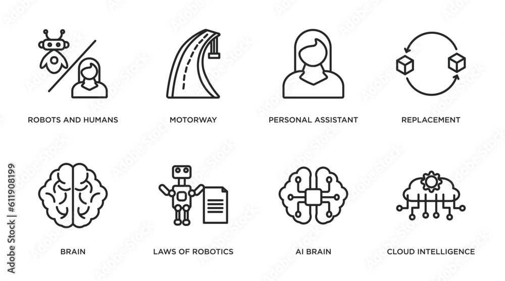 artificial intellegence outline icons set. thin line icons such as robots and humans, motorway, personal assistant, replacement, brain, laws of robotics, ai brain, cloud intelligence vector.