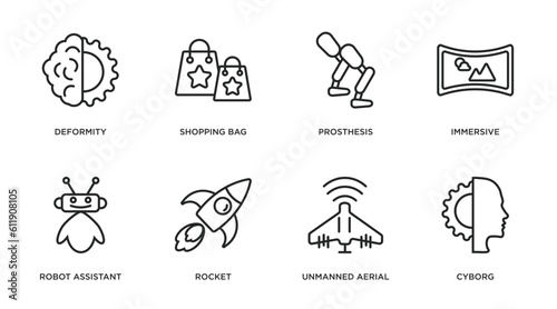 artificial intellegence outline icons set. thin line icons such as deformity, shopping bag, prosthesis, immersive, robot assistant, rocket, unmanned aerial vehicle, cyborg vector.
