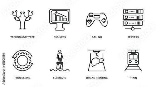 artificial intellegence outline icons set. thin line icons such as technology tree, business, gaming, servers, processing, flyboard, organ printing, train vector.
