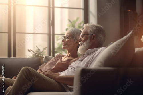 Elderly couple in glasses watching TV movie, news, television series, sitting on sofa. Generative AI