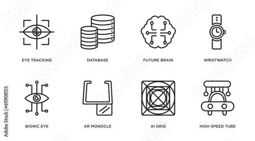 artificial intellegence outline icons set. thin line icons such as eye tracking, database, future brain, wristwatch, bionic eye, ar monocle, ai grid, high speed tube vector.