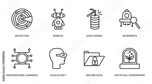 artificial intellegence outline icons set. thin line icons such as detection, robots, data mining, microbots, unsupervised learning, oculus rift, secure data, artificial atmosphere vector.