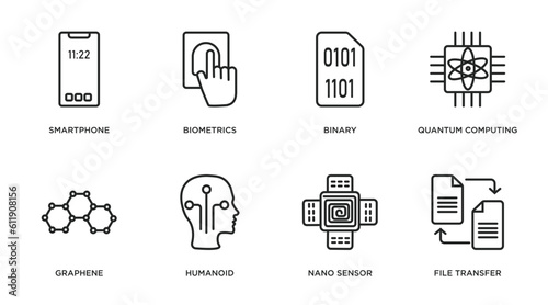 artificial intellegence outline icons set. thin line icons such as smartphone, biometrics, binary, quantum computing, graphene, humanoid, nano sensor, file transfer vector.