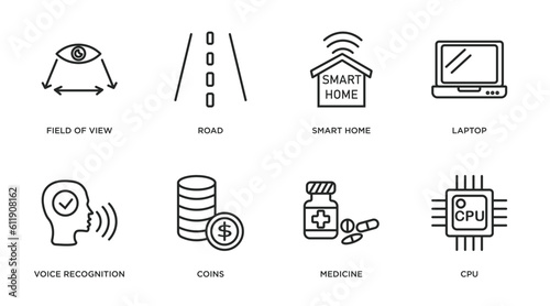 artificial intellegence outline icons set. thin line icons such as field of view, road, smart home, laptop, voice recognition, coins, medicine, cpu vector.