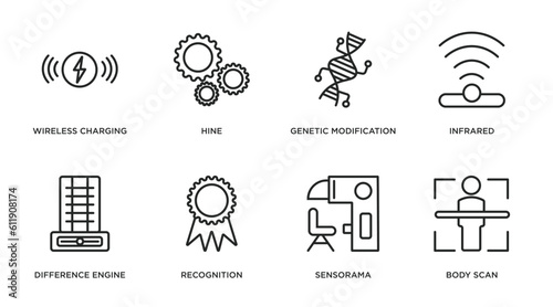 artificial intellegence outline icons set. thin line icons such as wireless charging, hine, genetic modification, infrared, difference engine, recognition, sensorama, body scan vector.