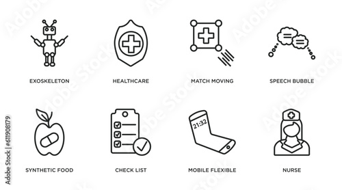 artificial intellegence outline icons set. thin line icons such as exoskeleton, healthcare, match moving, speech bubble, synthetic food, check list, mobile flexible display, nurse vector.