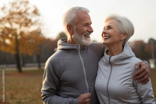 Elderly retired couple in sportswear hug laughing, walking outdoors. Love, wellness. Generative AI